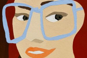 Red haired girl with light blue glasses, fig fragrance illustration, Dhyun