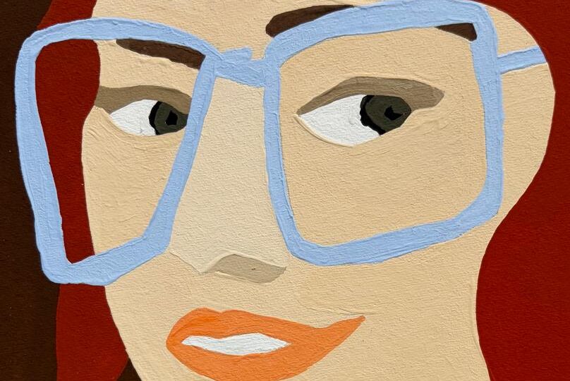 Red haired girl with light blue glasses, fig fragrance illustration, Dhyun